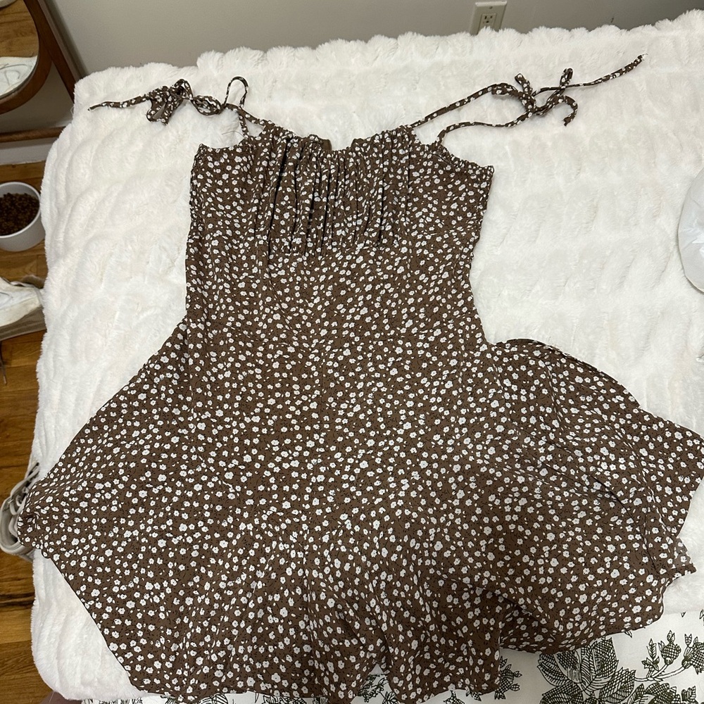 Brown Floral Romper with Tie Straps